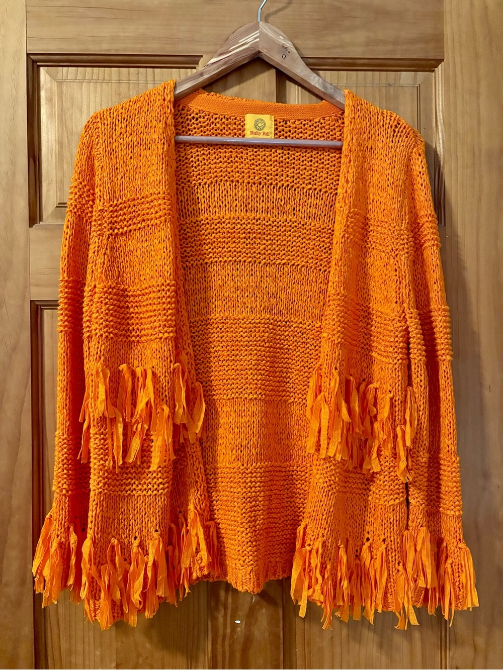 Ruby Rd. Bright Orange Fringe Open Knit Cardigan